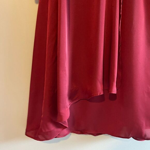Express Burgundy Satin Long Sleeve Surplice Twist Front High Low Hem Midi Dress - Picture 11 of 17